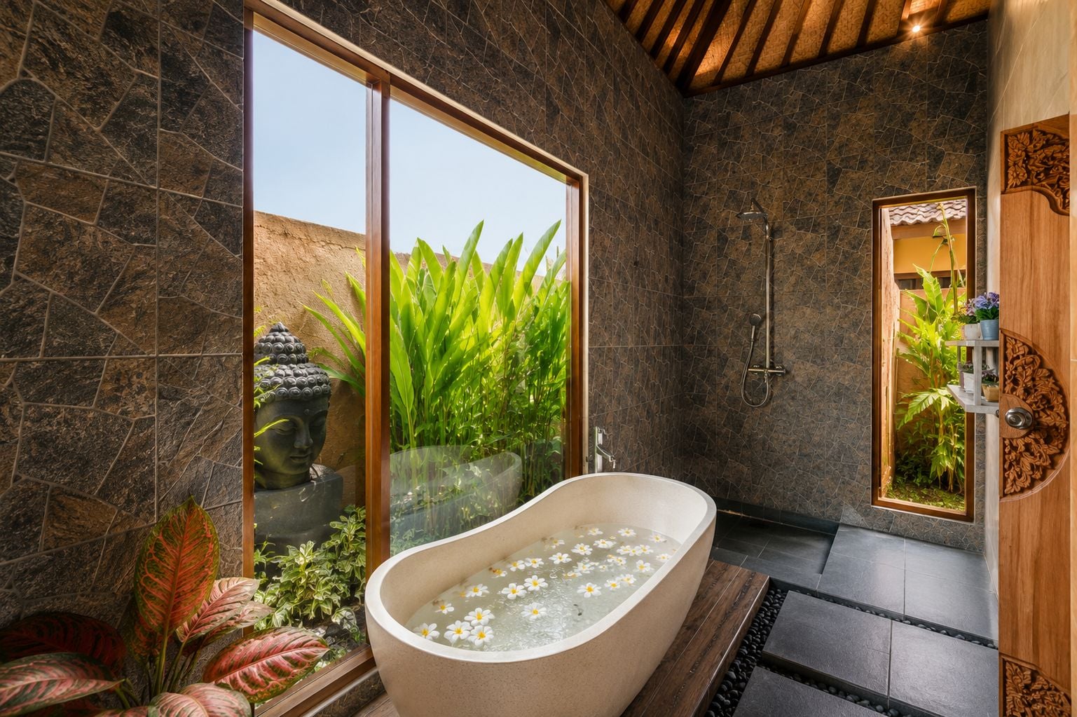 A modern bathroom with a freestanding bathtub, a shower, and a large window with a view of greenery.
