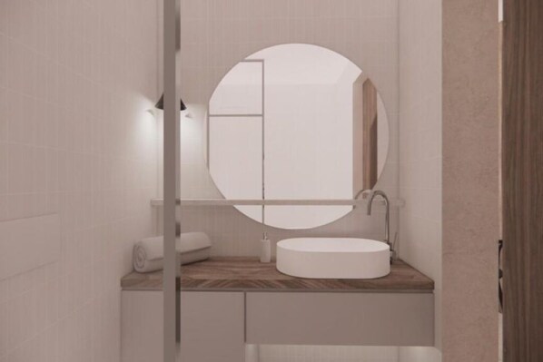Secadora de cabello, toallas, jabón, papel de baño 