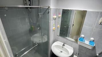 Shower, hair dryer, bidet, towels