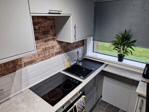 Fridge, microwave, stovetop, coffee/tea maker