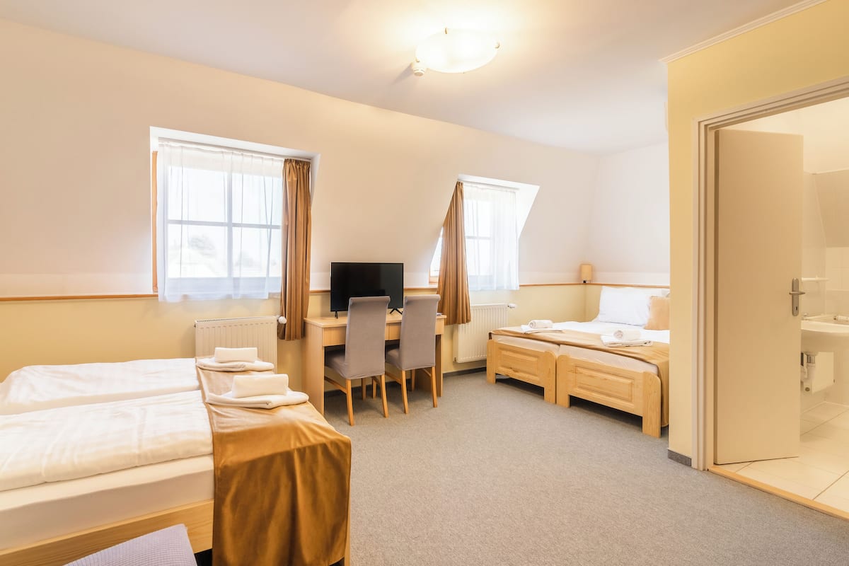 Une chambre d’hôtel avec deux lits simples, un bureau avec une chaise, une télévision et une salle de bain avec un lavabo.