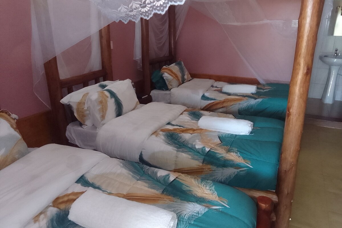 A room with four single beds, each with a canopy and pillows.