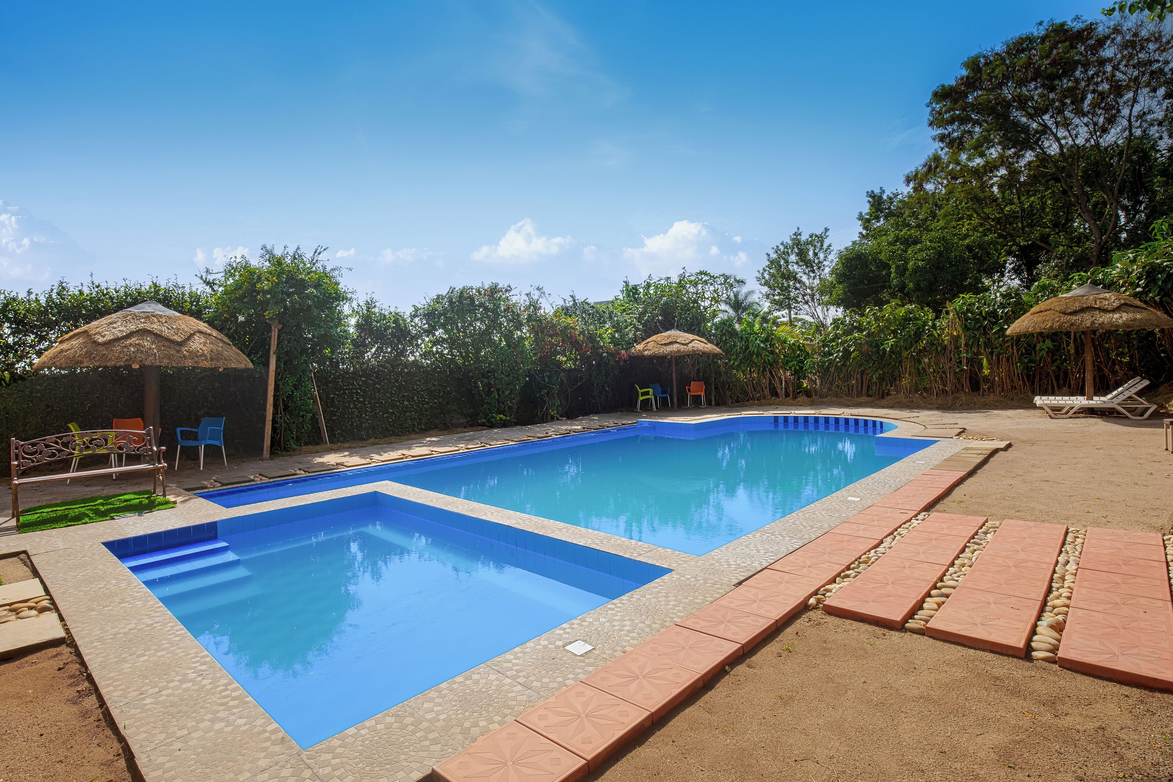 A rectangular swimming pool with a tiled edge, surrounded by lounge chairs and thatched umbrellas.