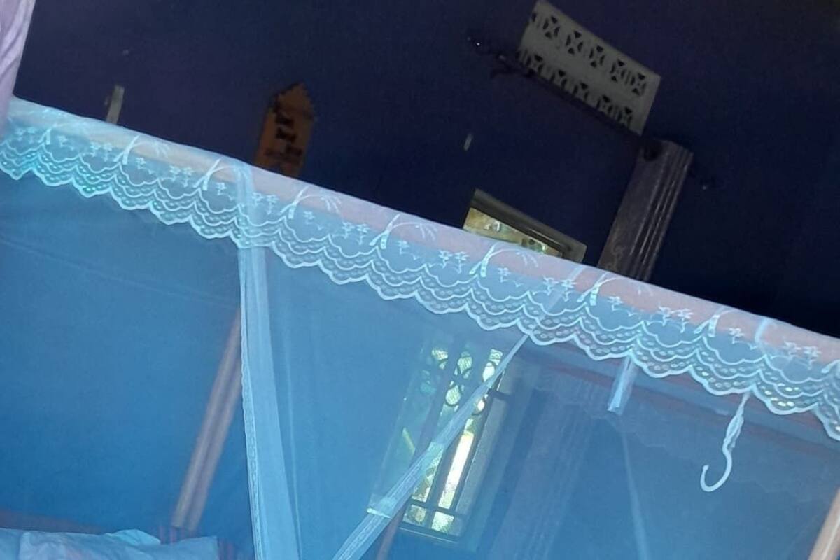 Una cama con dosel, estructura de madera y ropa de cama azul.