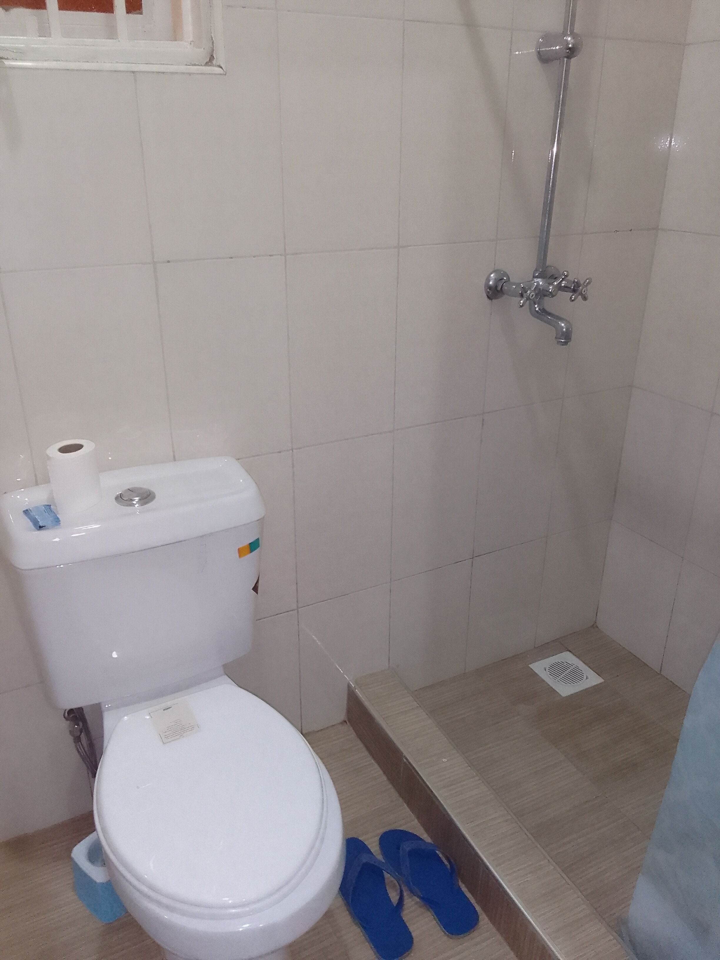 Un baño con inodoro, ducha y un par de pantuflas azules en el suelo.