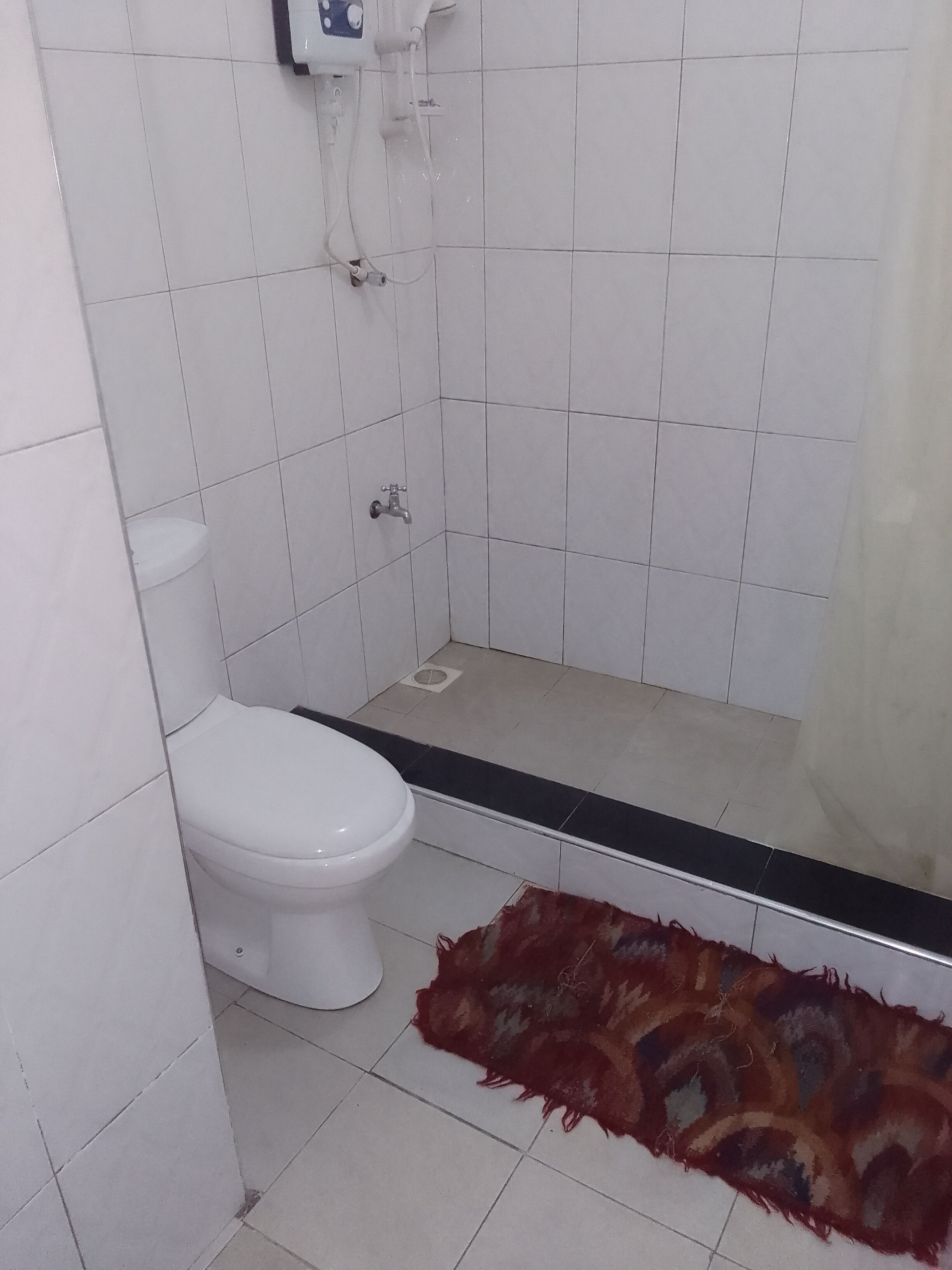Ein Badezimmer mit Toilette, einer Duschkabine und einem Teppich.