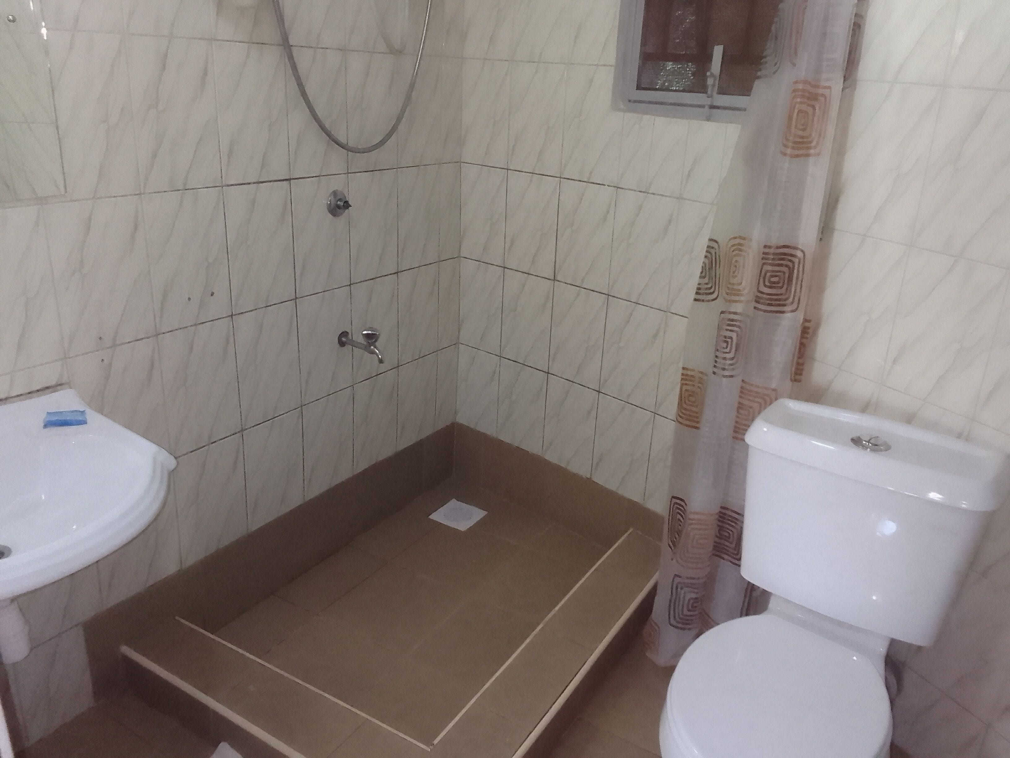 Une salle de bain avec douche, toilettes et lavabo.