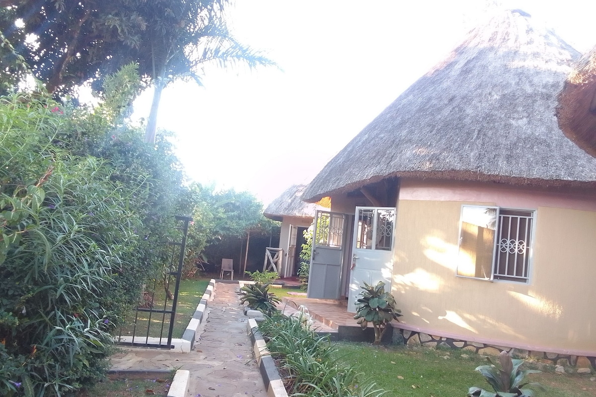 A thatched-roof house with a paved pathway leading to a door, surrounded by greenery.