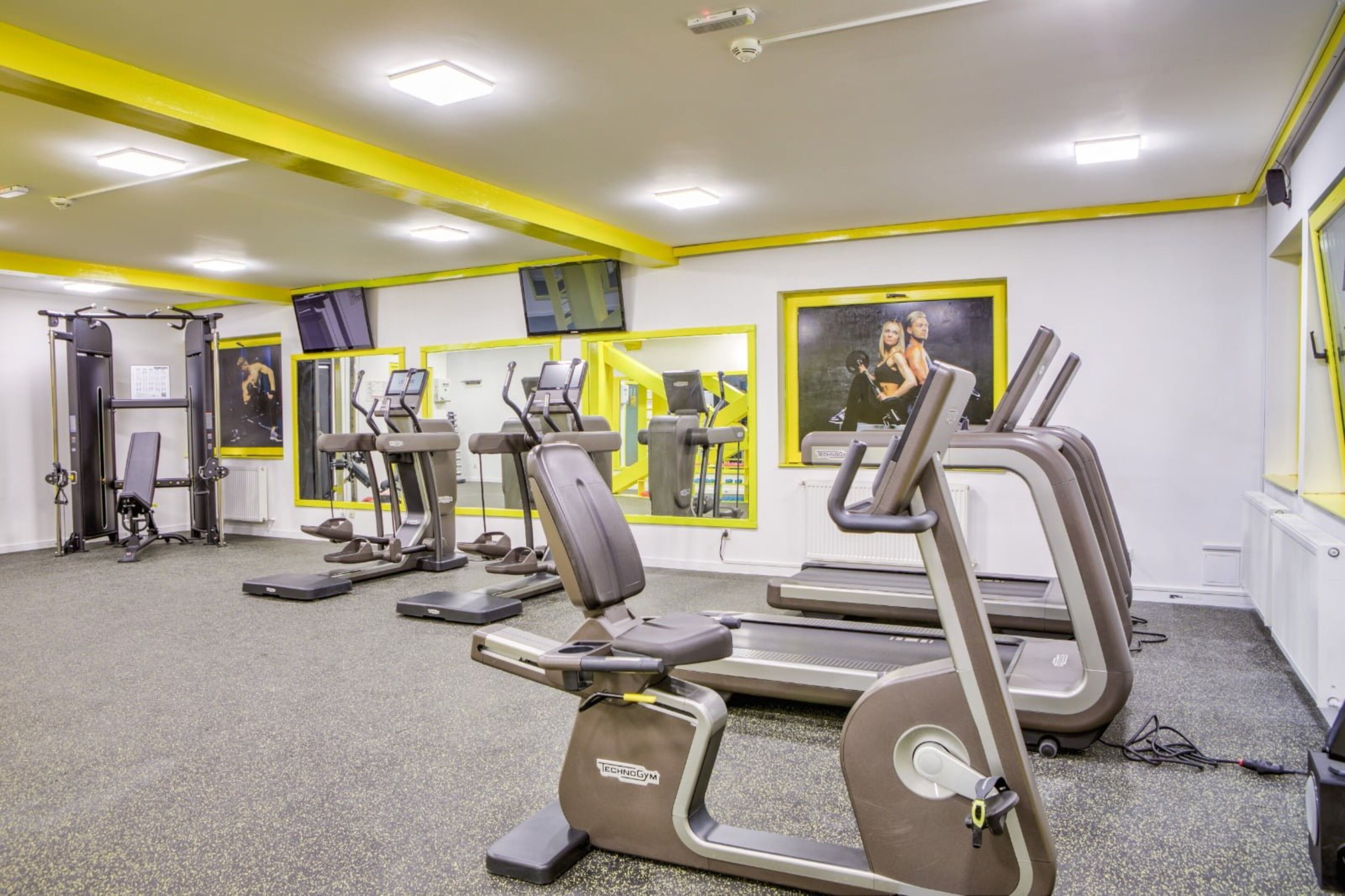 A gym with treadmills, elliptical machines, and a squat rack.