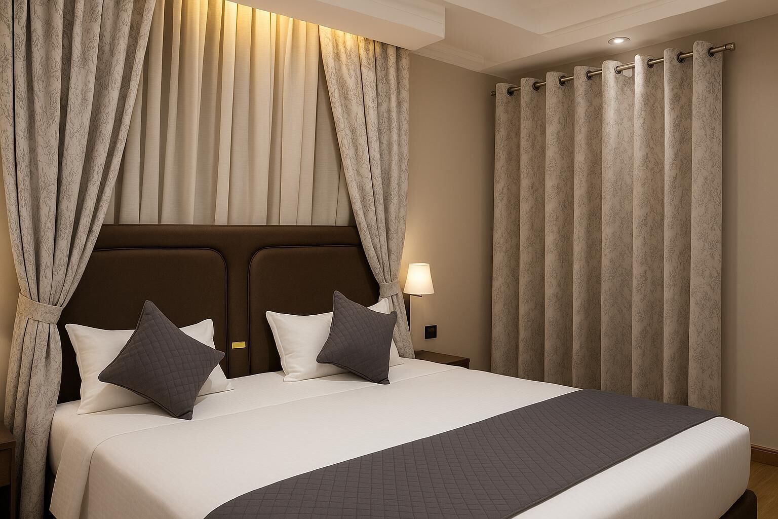 A hotel room with a large bed, two pillows, a headboard, and curtains.