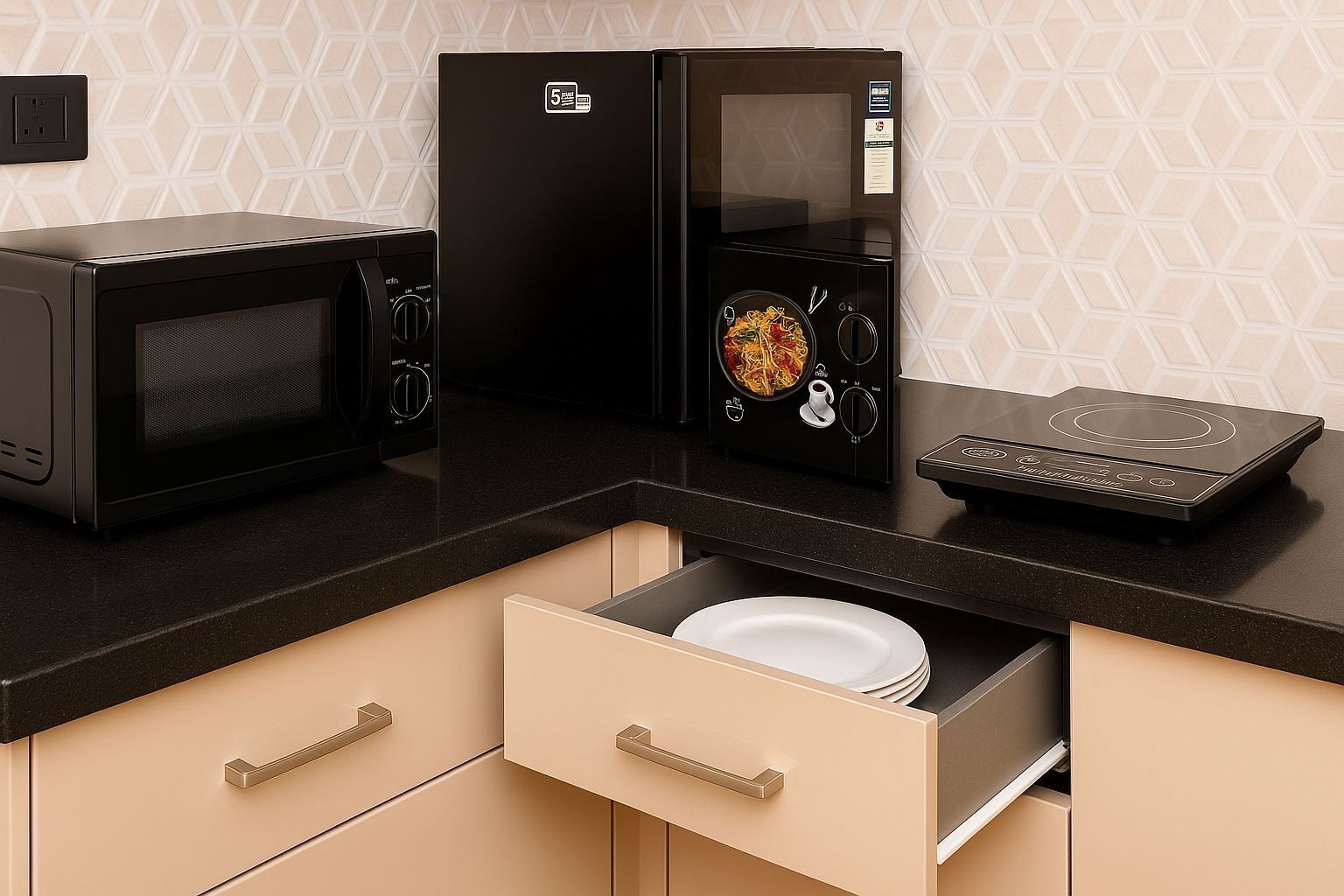 Une cuisine équipée d’un four à micro-ondes, d’un cuiseur à riz et d’un grille-pain.