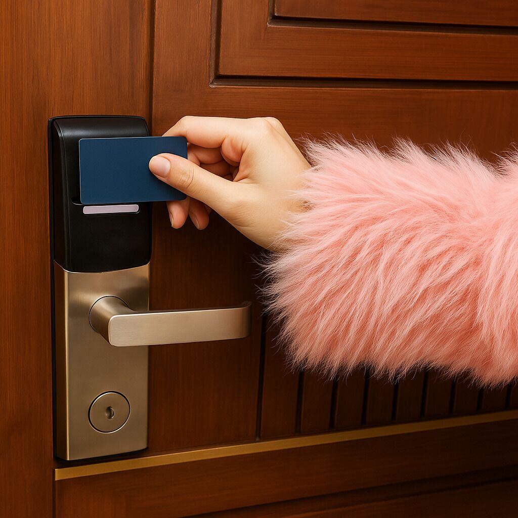A hand inserting a blue card into a modern door lock mechanism.
