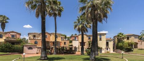 A courtyard with palm trees, a stone border, and buildings with terracotta roofs.