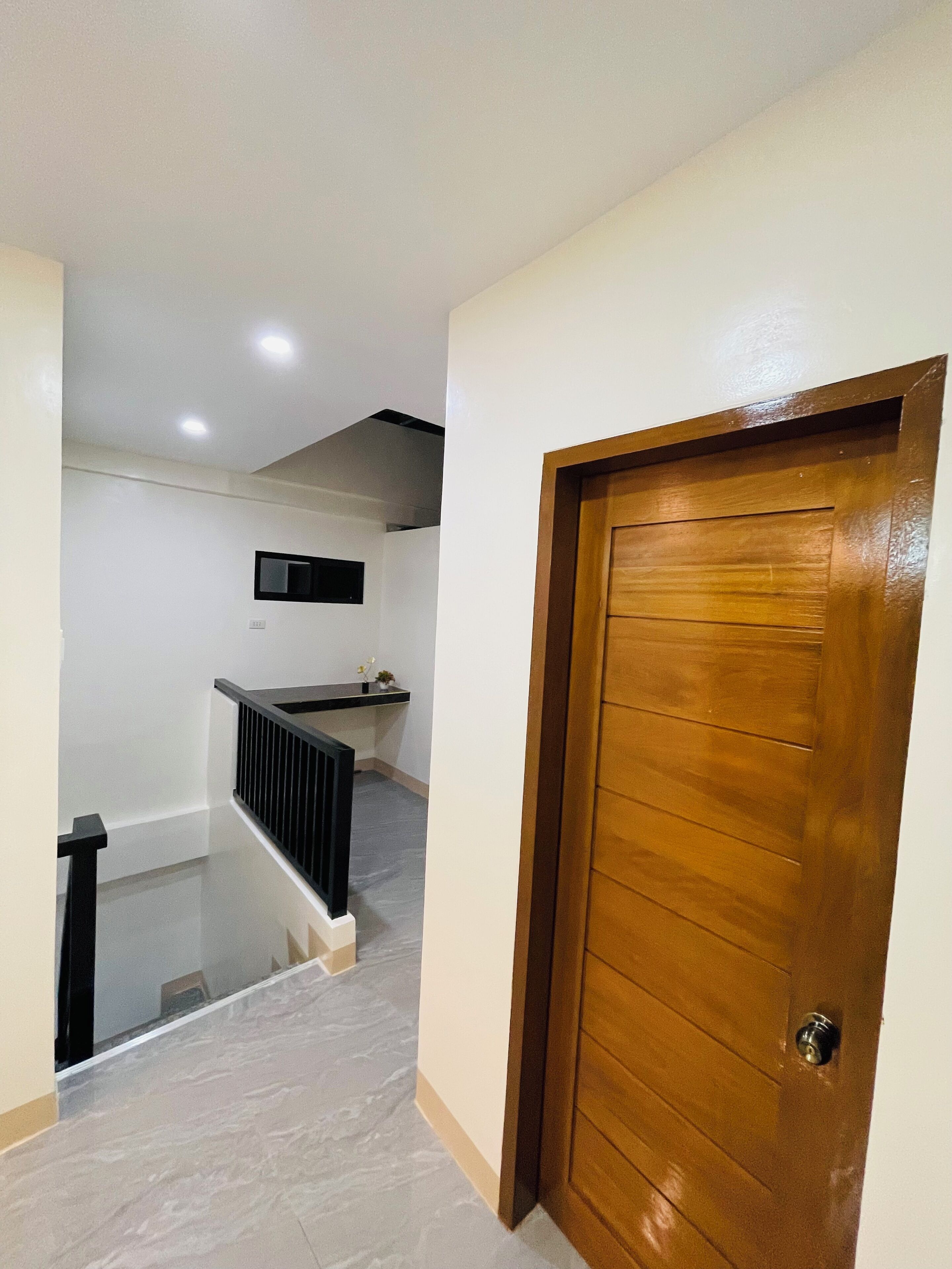 Un couloir avec une porte en bois, un escalier doté d’une rampe noire et une petite étagère sur laquelle est posée une plante.