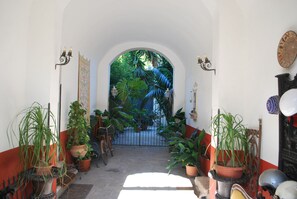 An arched entrance with potted plants, a bicycle, and a gate leading to a lush garden. - Volta House (Palermo)