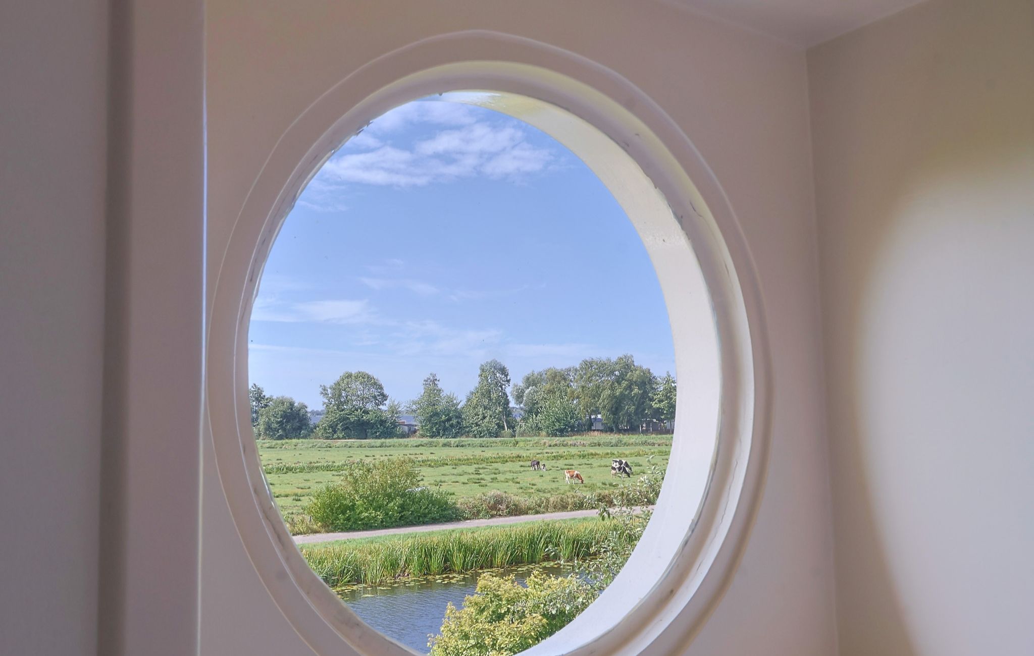 A window with a view of a green field and a body of water.