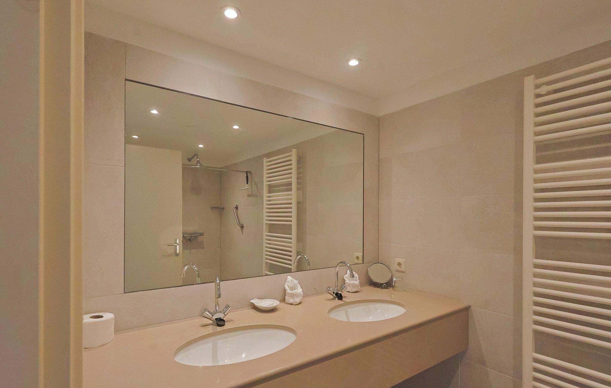 Une salle de bain avec deux lavabos, un grand miroir et un porte-serviettes.