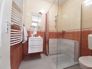 Hair dryer, towels, soap, toilet paper