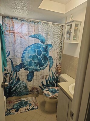 Douche, séchoir à cheveux, serviettes fournies