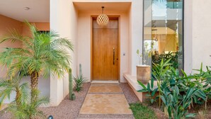 Une entrée moderne avec une porte en bois, un chemin en béton et diverses plantes.