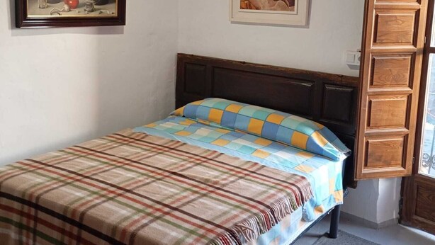 A bedroom with a bed, two framed paintings, a wooden door, and a ceiling light.
