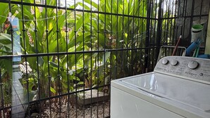 Un área de lavandería con lavadora, cerca metálica y abundante vegetación verde.