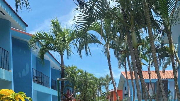 Un resort con piscina rodeada de exuberante vegetación y palmeras.