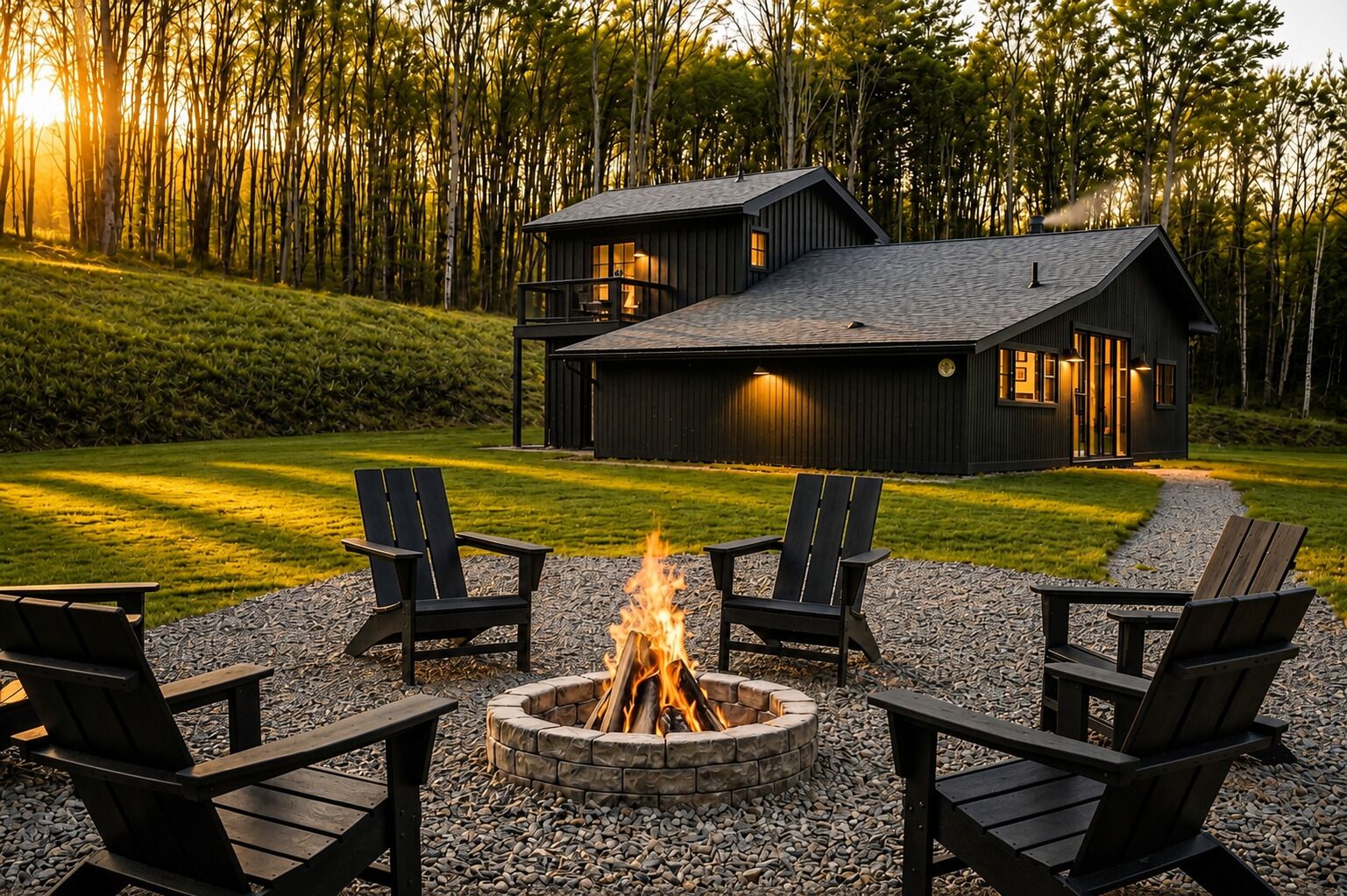 A cabin with a fire pit and outdoor seating, surrounded by a forest.