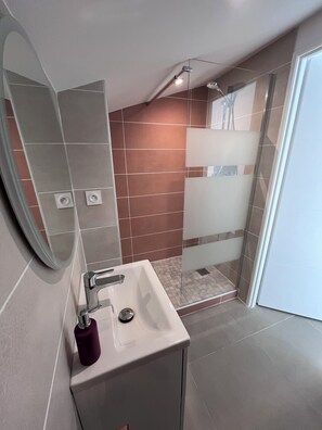 Regadera, toallas, papel de baño 
