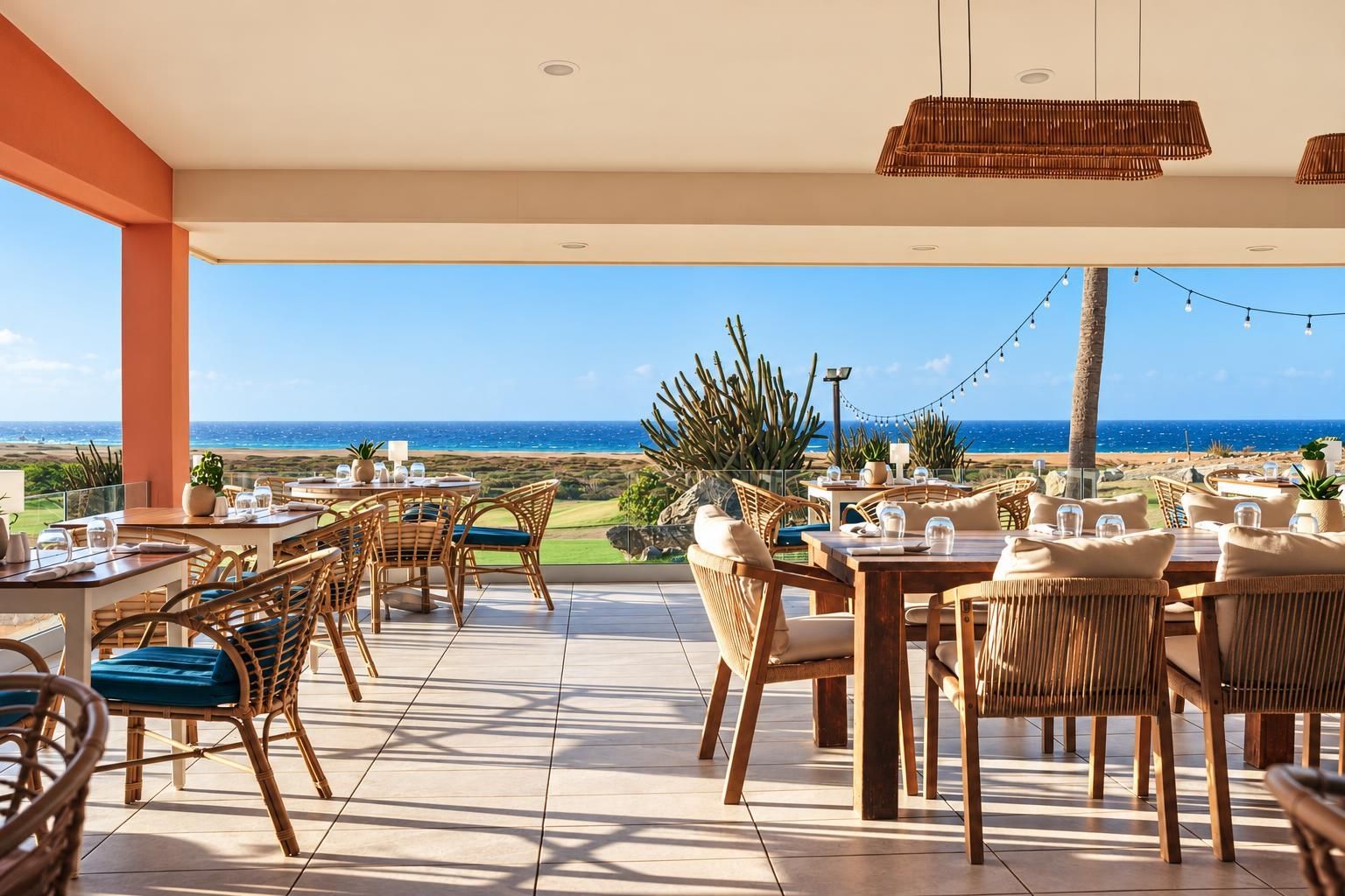 Un área de comedor al aire libre con mesas y sillas, con vistas a una playa y al océano.
