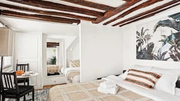 1 bedroom, desk, iron/ironing board, travel cot