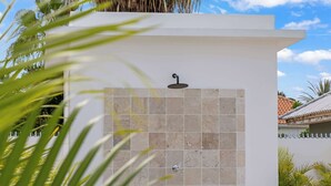 A modern shower enclosure with a rain showerhead, surrounded by palm plants.