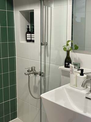 Shower, hair dryer, towels, soap