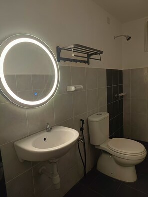 Shower, bidet, towels, soap