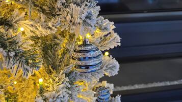 A Christmas tree with lights and ornaments.