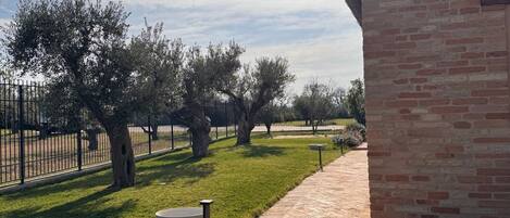 A paved pathway leading to a brick building, surrounded by well-maintained grass and trees.