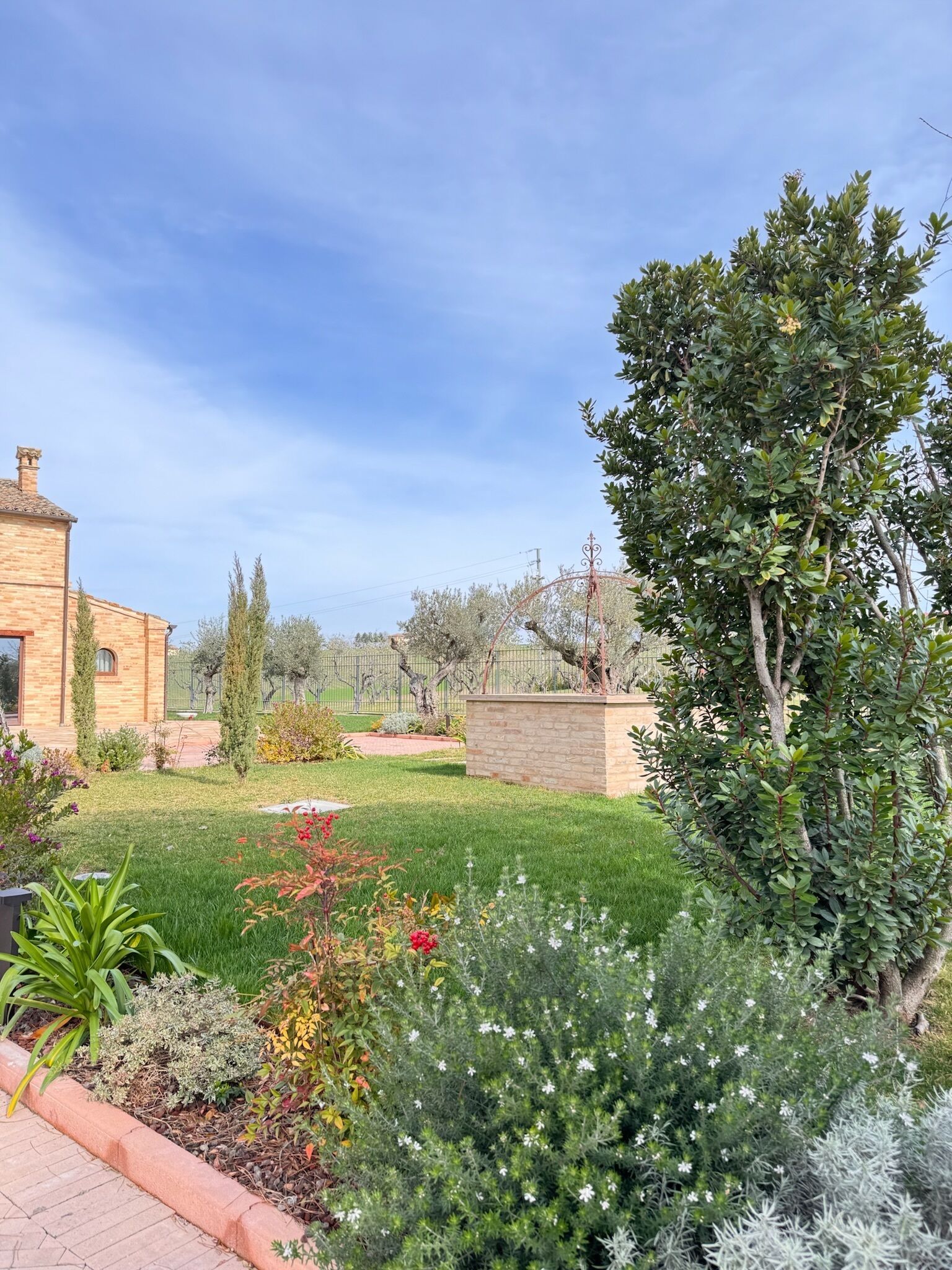 A garden with a brick building, various plants, and a fence in the background.