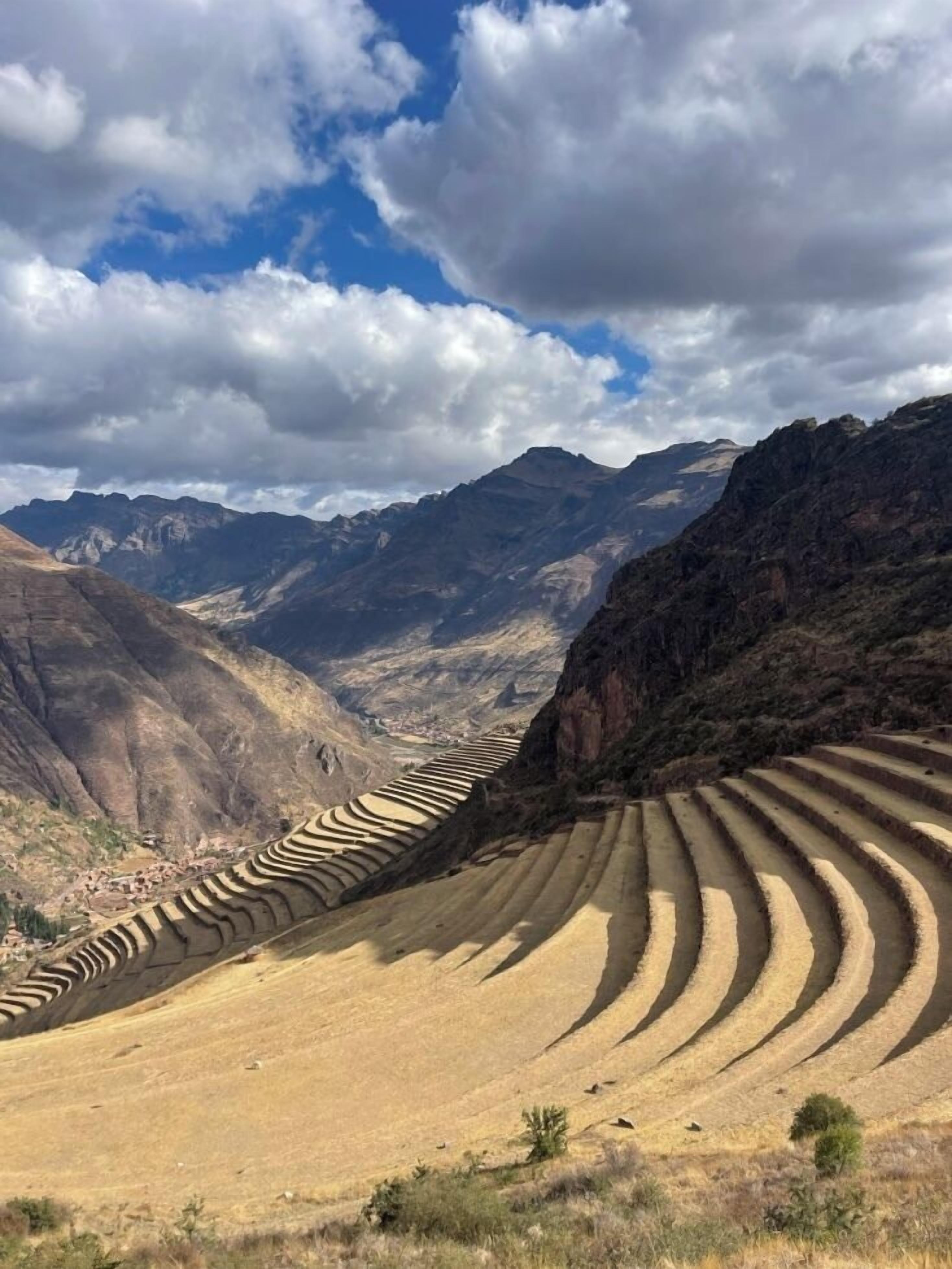Un paisaje montañoso con campos en terrazas.
