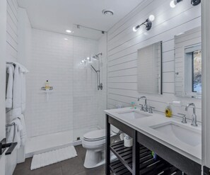 Shower, hair dryer, towels, shampoo - Fireplace, Woods, Club Access - Modern Quechee (Quechee)