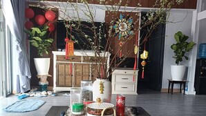 A living room with a wooden floor, a coffee table with teapots and cups, a potted plant, and a sofa. - Ruby House, 3 Bedroom Apartment, Beachside (La Gi)