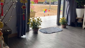 A room with a view of a street, a potted plant, and a blue curtain. - Ruby House, 3 Bedroom Apartment, Beachside (La Gi)