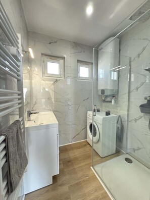 Shower, hair dryer, towels