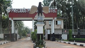 Entrada de hotel con una estatua de un águila, palmeras y un letrero que dice "PRECIOUS PIA HOTEL".