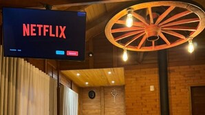 Une pièce confortable avec un lit, un téléviseur affichant le logo « NETFLIX », un luminaire original, une cheminée et une fenêtre avec des rideaux.