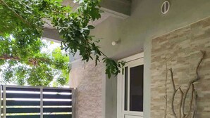 A building exterior with a metal gate, a large vase with branches, and a gravel pathway.