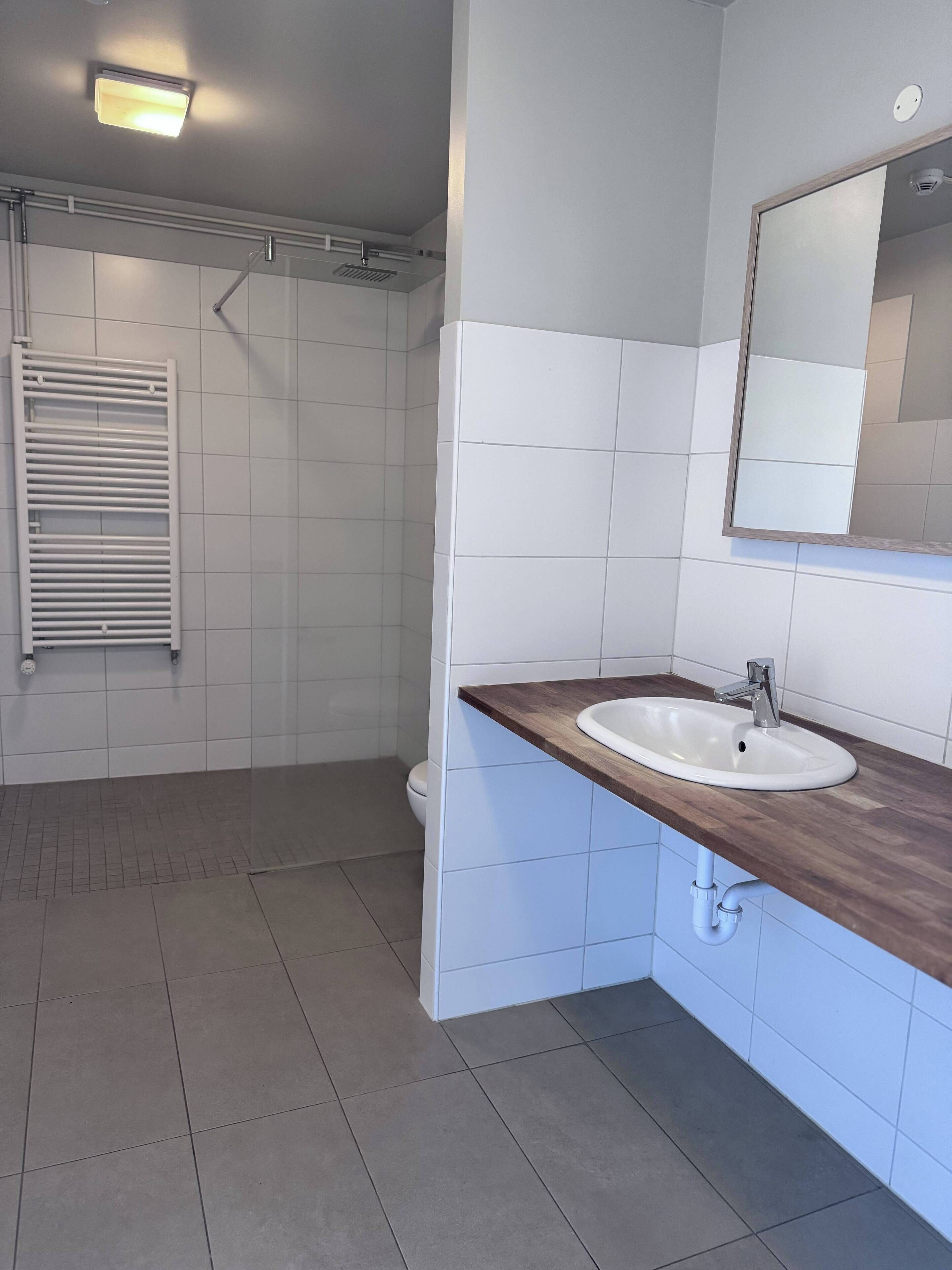 Une salle de bain moderne avec un lavabo blanc, un plan de toilette en bois et un miroir au-dessus.