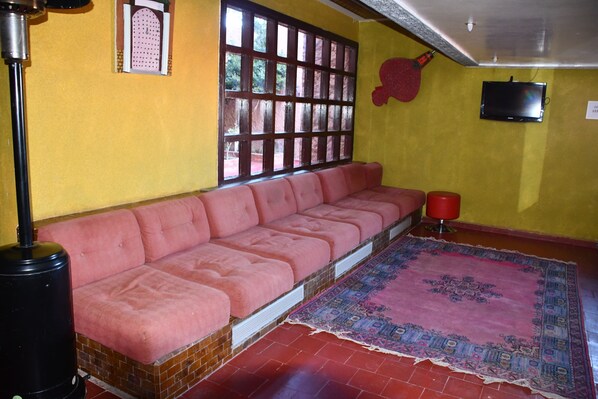 Una habitación con un sofá rosa, un tapete estampado, un televisor y una ventana con diseño de cuadrícula.