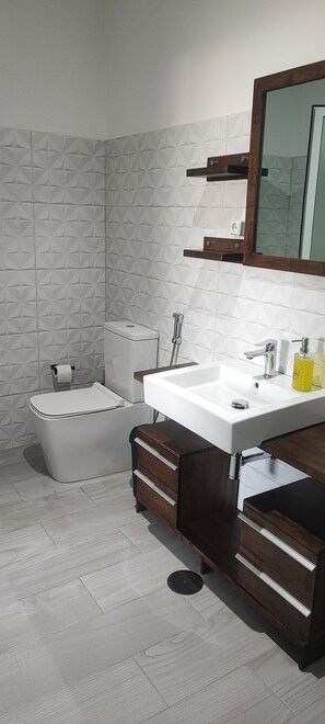 Douche, serviettes fournies, papier toilette