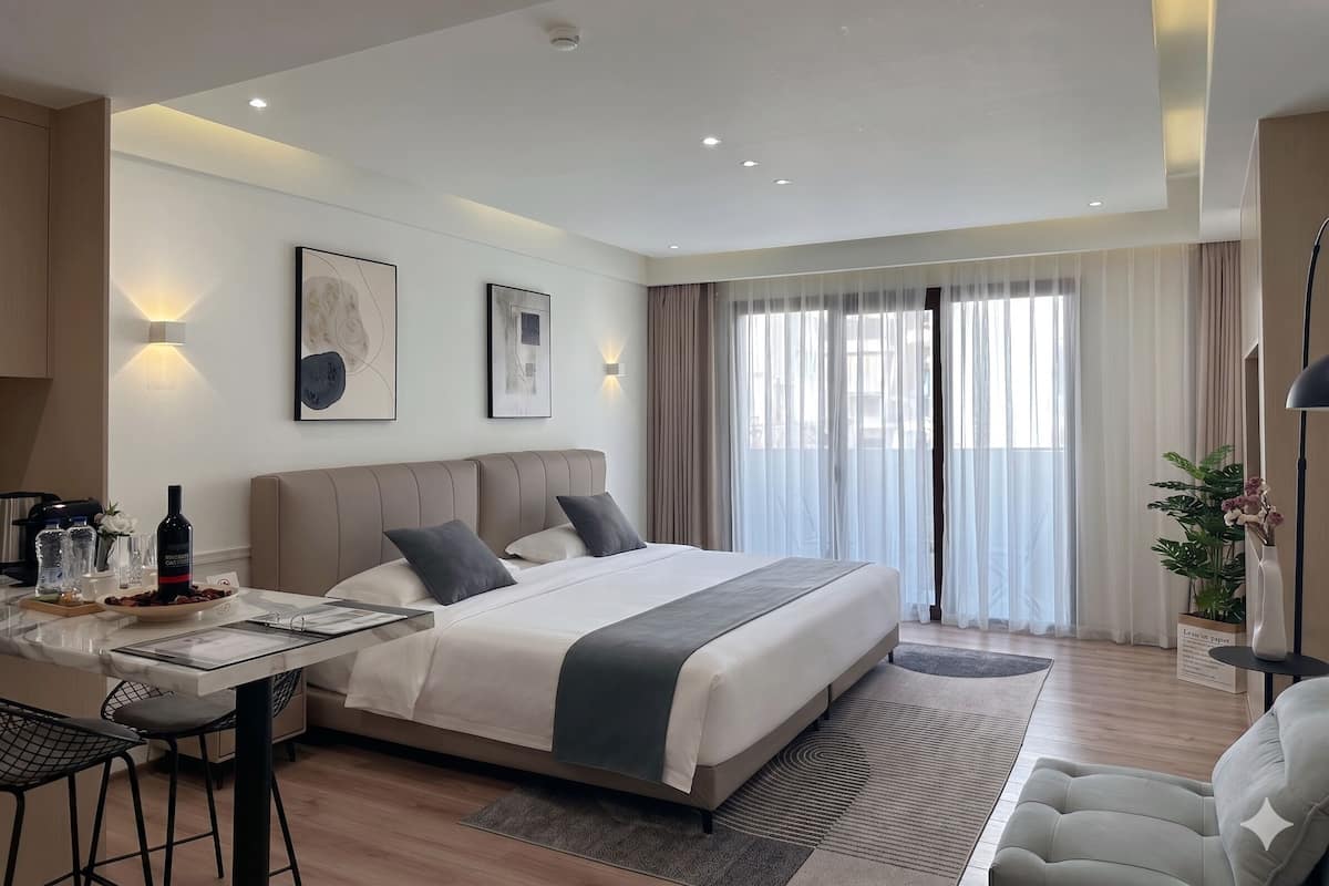 Una habitación de hotel moderna con cama, mesita de noche y escritorio con silla.