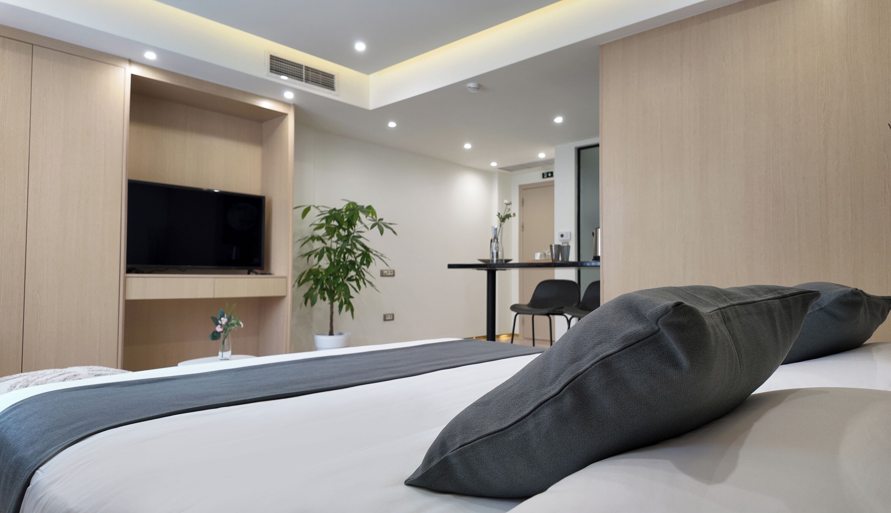 A modern hotel room with a large bed, a flat-screen TV mounted on the wall, a desk with a chair, and a potted plant.